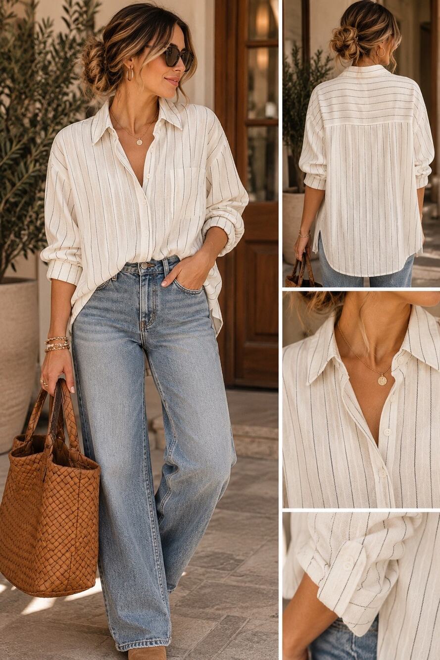 Eileen Fisher Women’s White/Black Striped Collared Button-Up Blouse Size XS